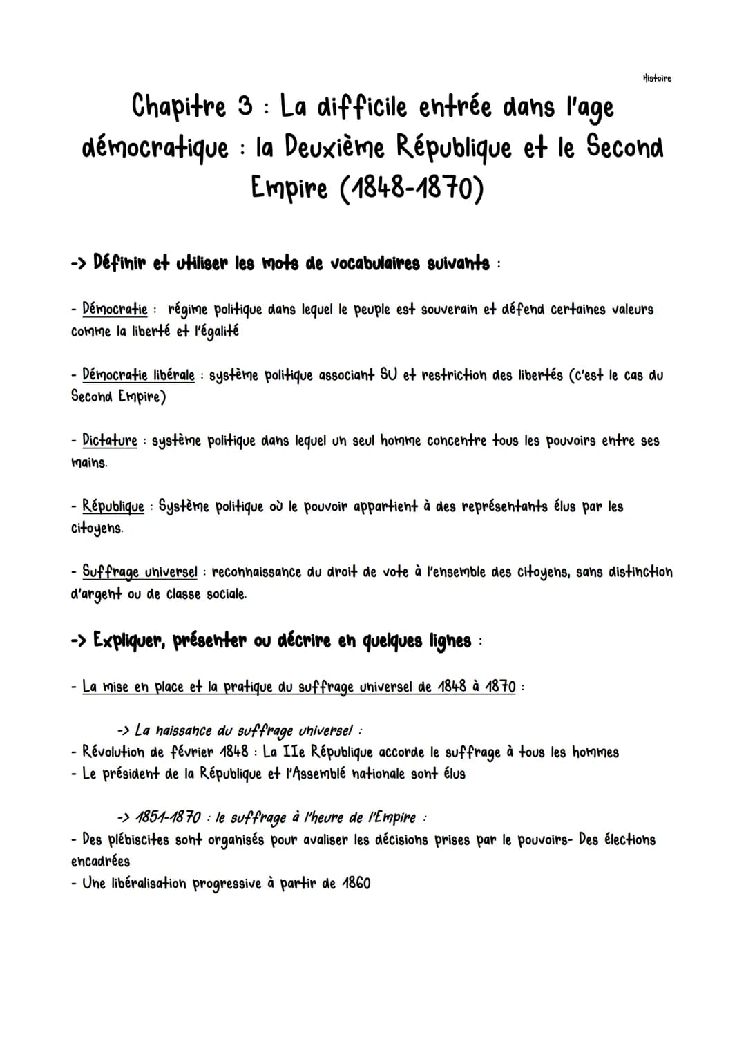 Chapitre 3 La difficile entrée dans l'age
démocratique
: la Deuxième République et le Second
Empire (1848-1870)
-> Définir et utiliser les m