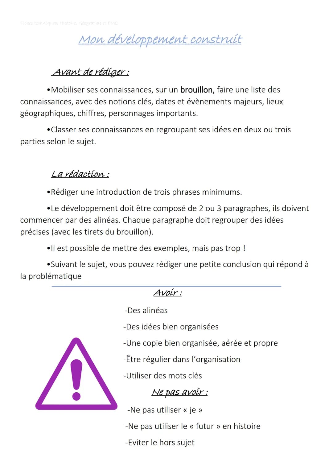 Fiches techniques, Histoire, géographie et EMC
Mon développement construit
Avant de rédiger:
•Mobiliser ses connaissances, sur un brouillon,