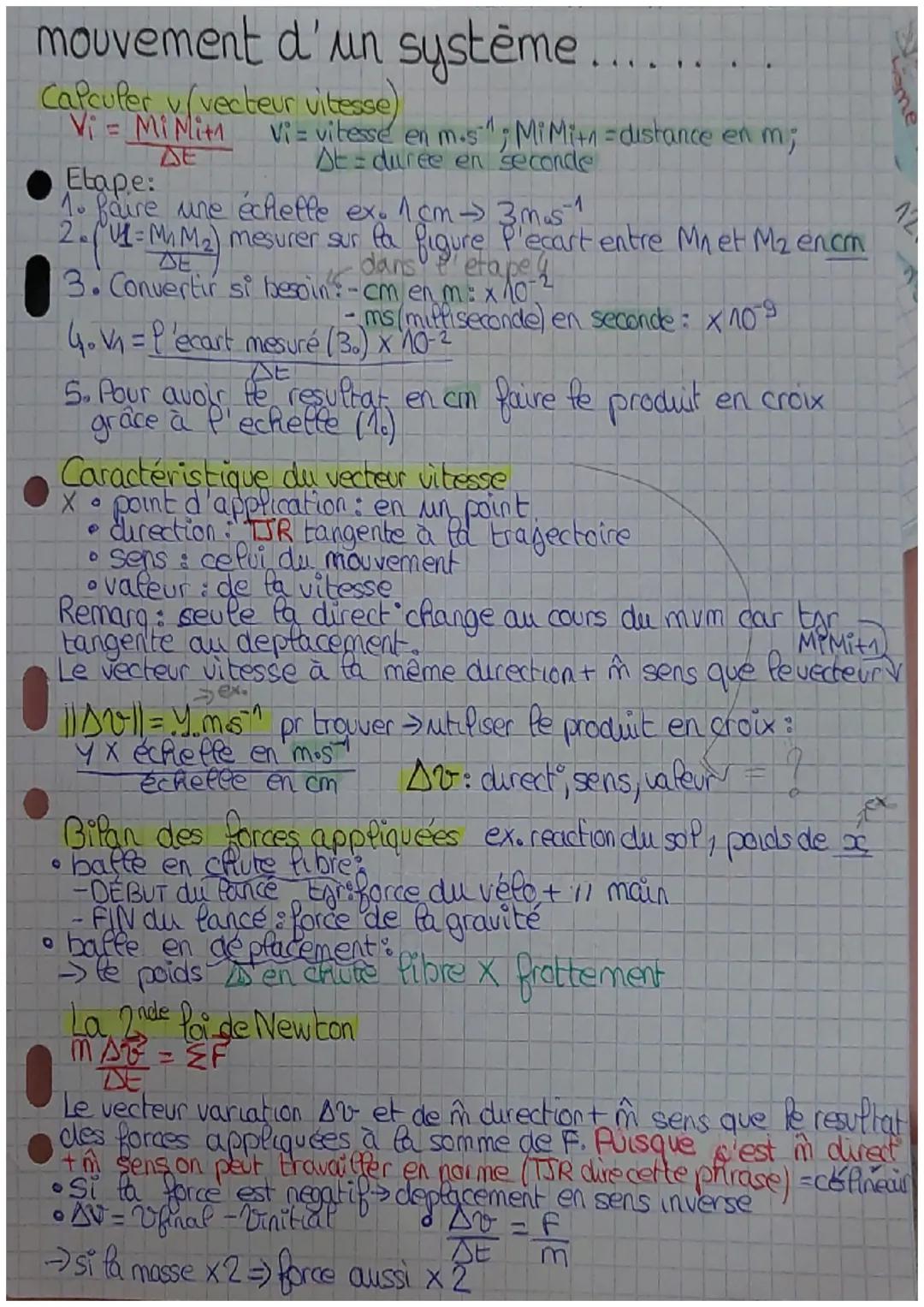 # mouvement d'un système..........

Calculer v/vecteur vitesse)
Vi = Mi Mith Viz vitesse en mos", MiMitn = distance en m;
• Etape:
$
\Delta 