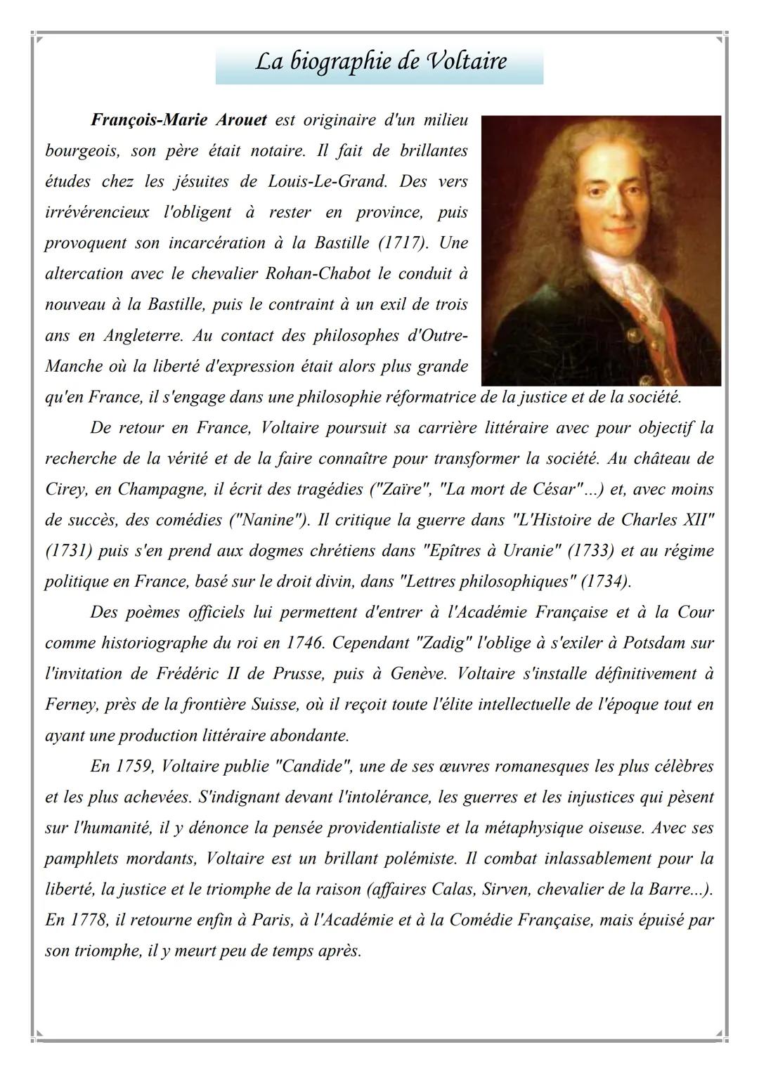 La biographie de Voltaire
François-Marie Arouet est originaire d'un milieu
bourgeois, son père était notaire. Il fait de brillantes
études c