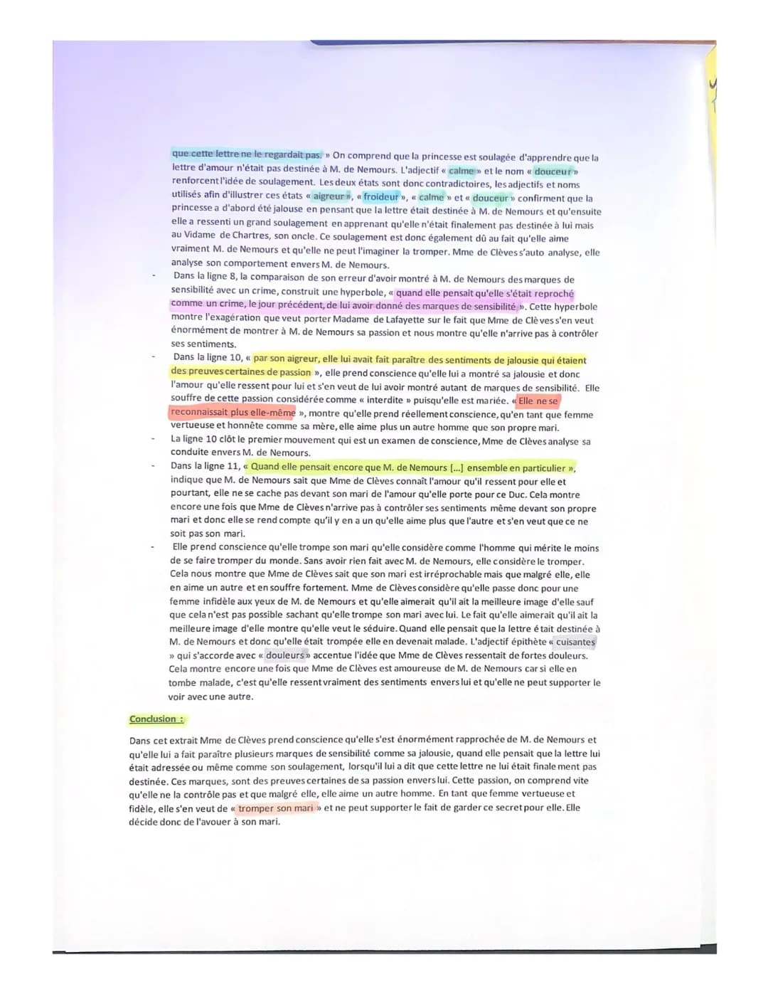 gø
EXPLICATION LINEAIRE
La Princesse de Clèves, L'examen de conscience
Après qu'on eut envoyé la lettre à Mme la Dauphine, M. de Clèves et M