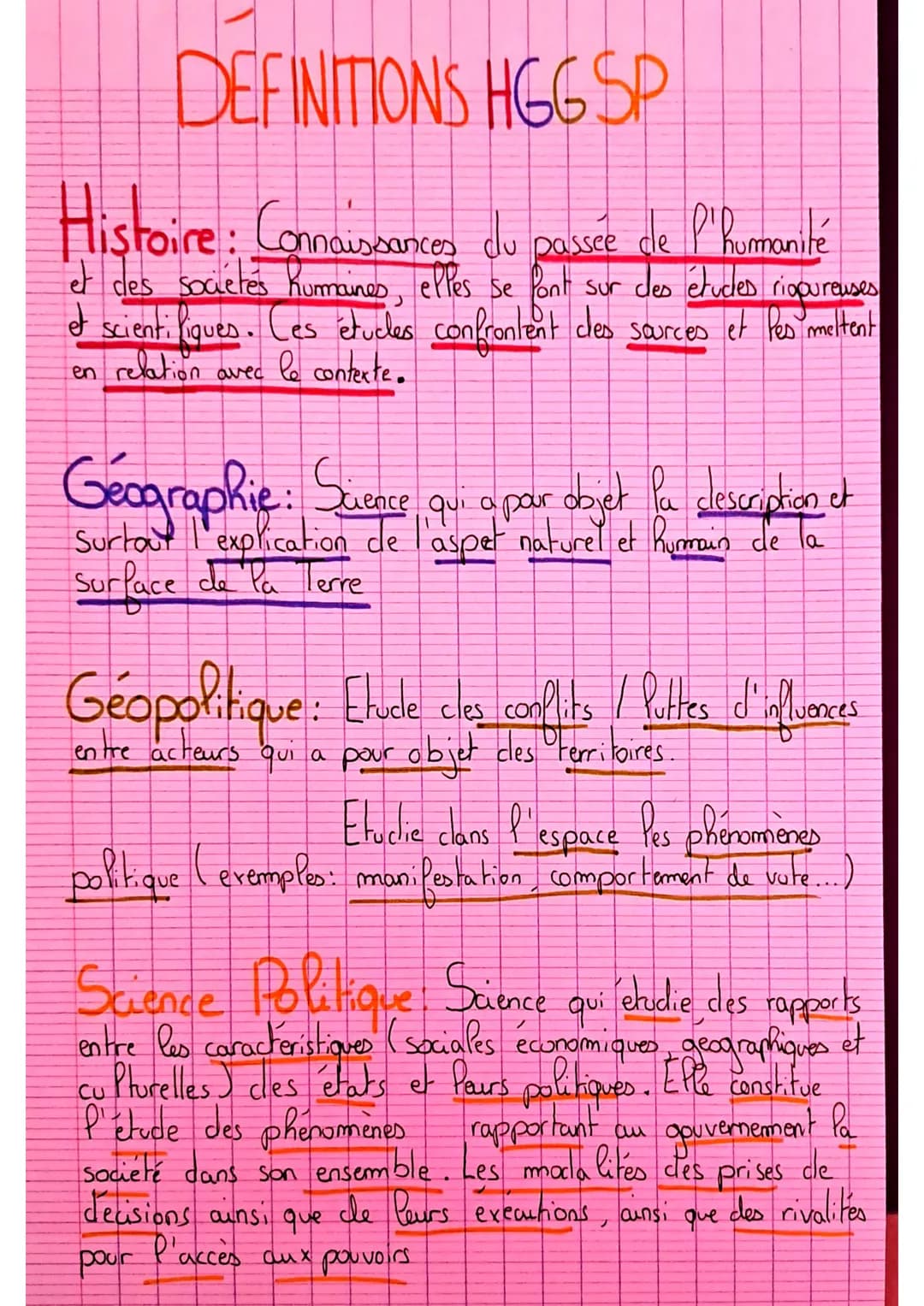 DEFINITIONS
HGG SP
Histoire : Conauscances du passée de l'humanité
et des sociétes humaines, elles se font sur des études rigoureuses
ef sci