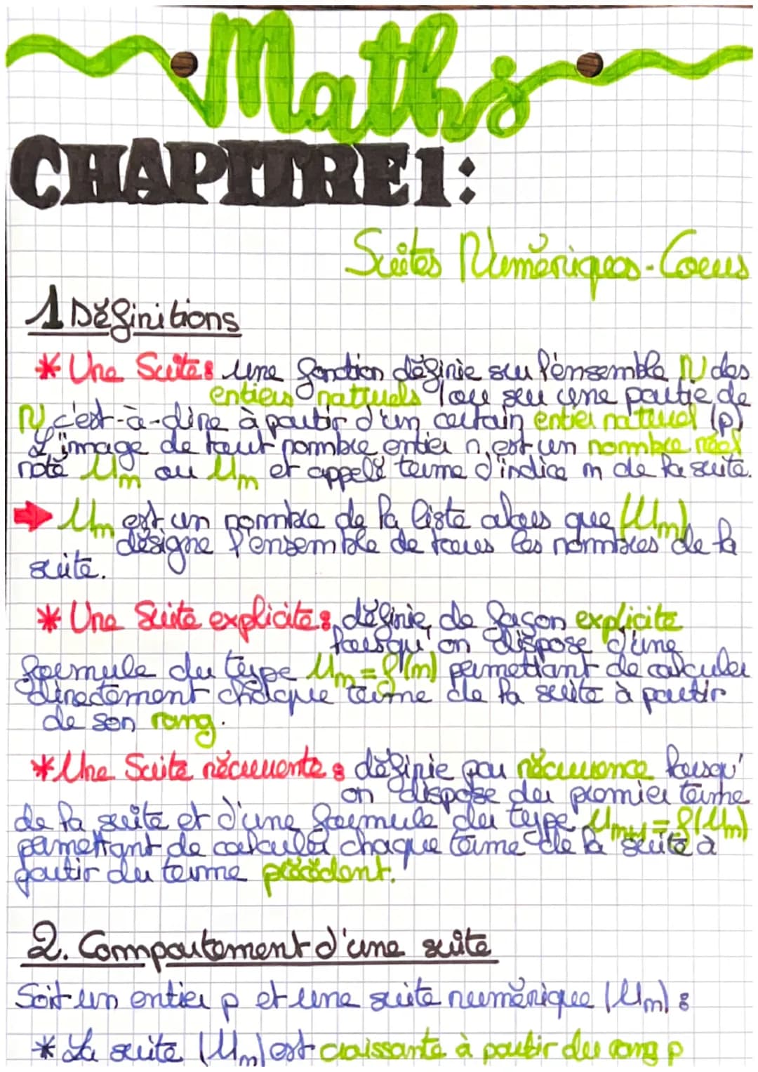 Maths
CHAPITRE1:
Suites Numériques-Coeus
A Definitions
* Une Suites une fonction définie suu lensemble des
seul une
My c'est-à-dire à partir