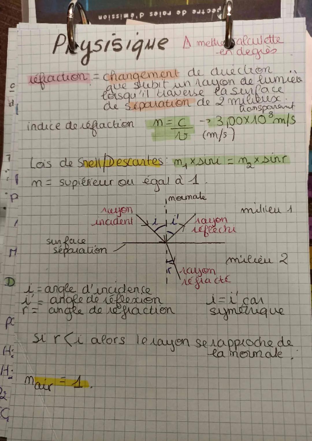10
র
7
P
M
Moisse. solos op autoad
# Plysisique A melalculate
-en degies

lefiaction = changement de duection
que subit un rayon de lumièr
l