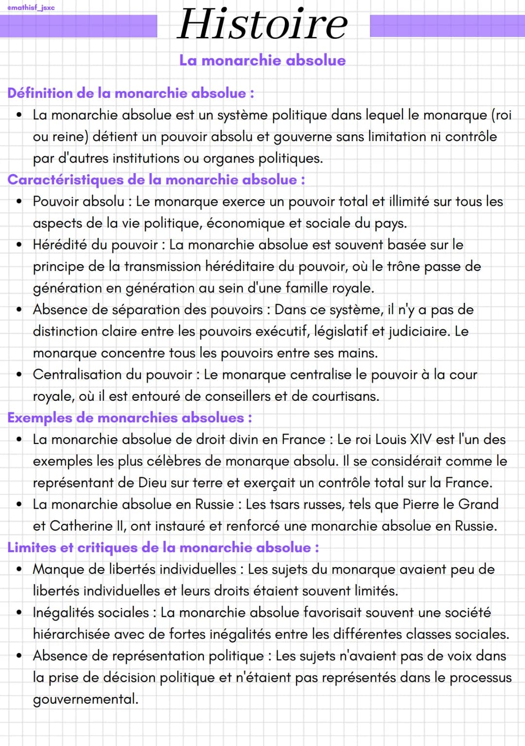 amathisf_jsxc
Définition de la monarchie absolue :
• La monarchie absolue est un système politique dans lequel le monarque (roi
ou reine) dé