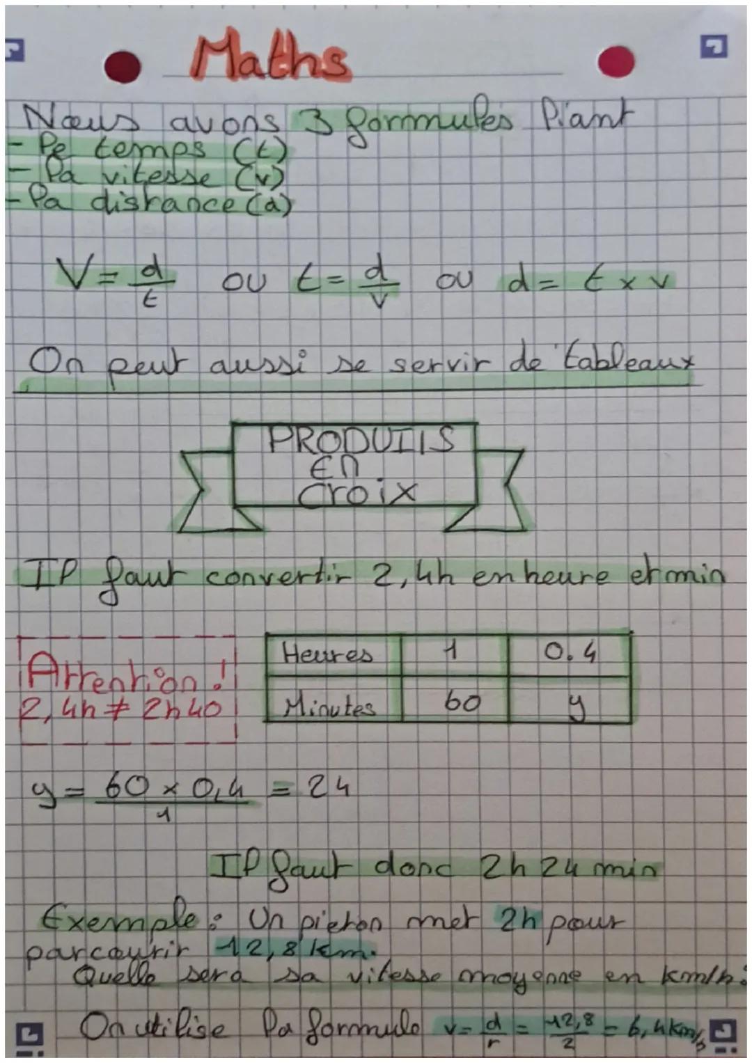 # Maths

Nous avons 3 formules Piant
- Pe temps (1)
-Pa vitesse (v)
-Pa distance (a)

$V=$
$
\frac{d}{E}$

ou $Ε=$
$
\frac{d}{v}$

ou $d = E