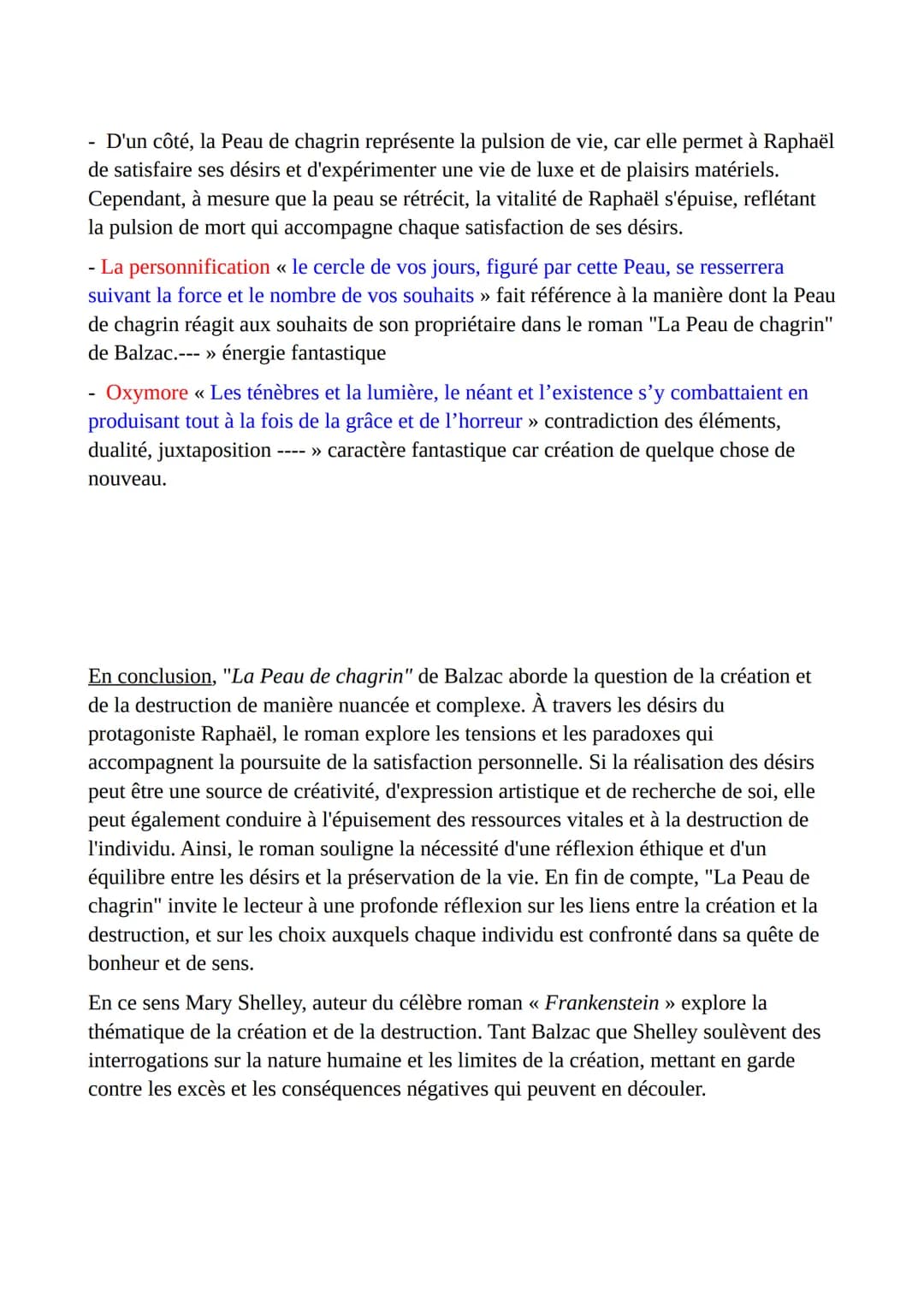 Dissertation :
« À chaque vouloir je décroîtrai comme tes jours », le roman La Peau de
Chagrin affirme-t-il que la création repose sur la de