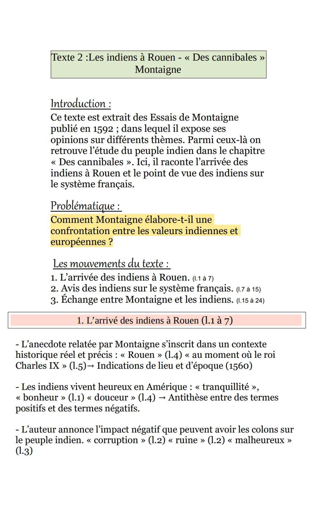 Texte 2 : Les indiens à Rouen - << Des cannibales >>>>
Montaigne

Introduction:
Ce texte est extrait des Essais de Montaigne
publié en 1592 