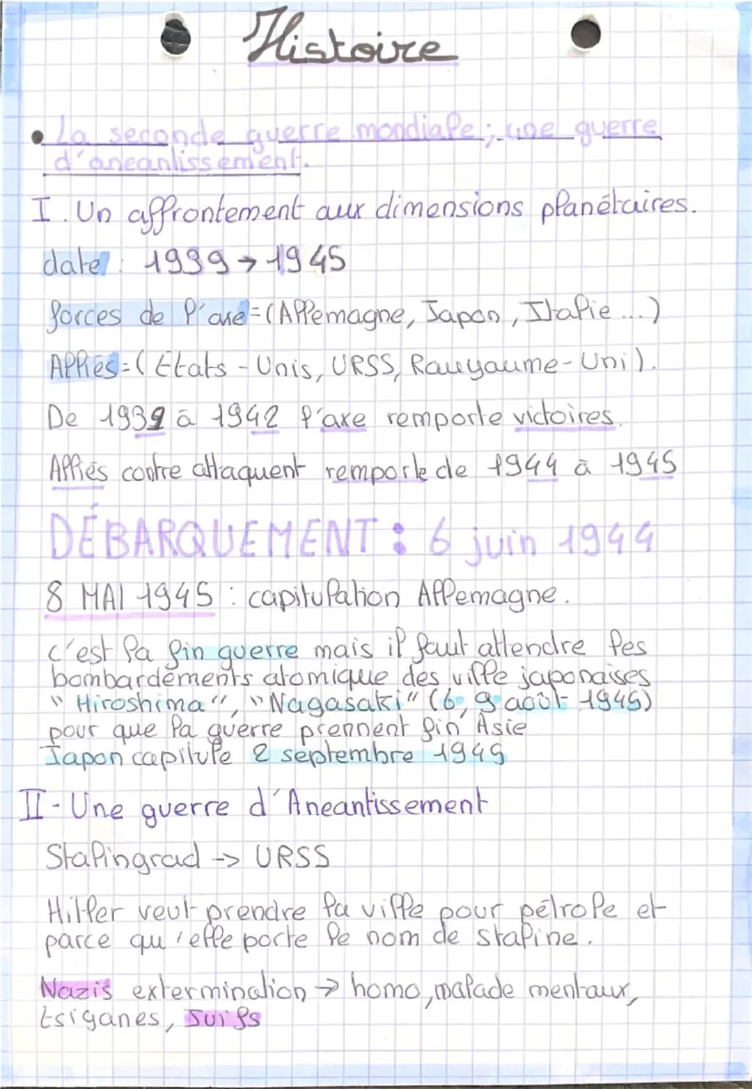Histoire
• La seconde guerre mondiale; une guerre
d'aneanlissement.
I. Un affrontement aux dimensions planétaires.
date 1939 → 1945
forces d
