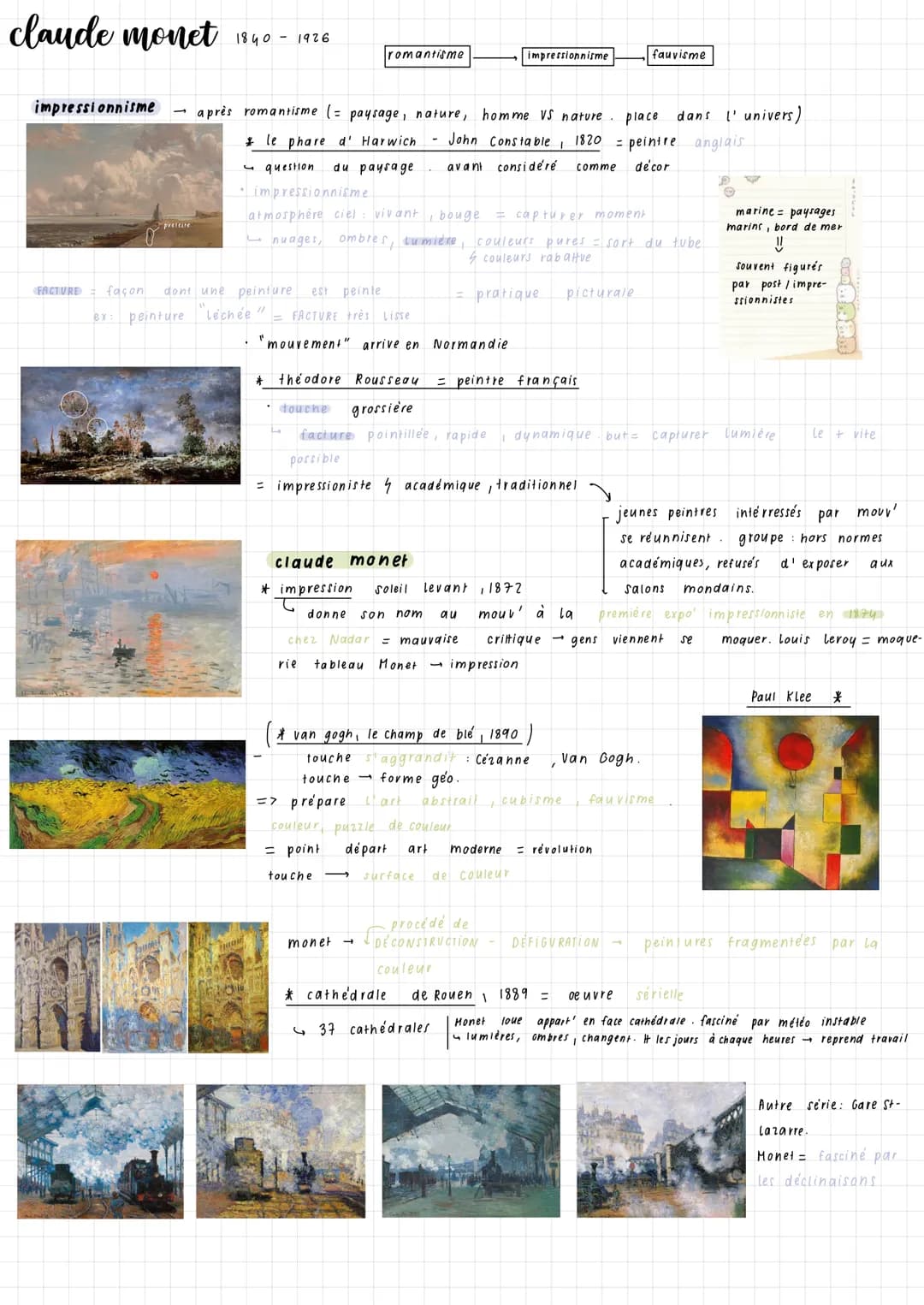claude monet 1840-1926
preteare
3
impressionnisme après romantisme (= paysage, nature, homme VS nature place dans l'univers)
* le phare d' H