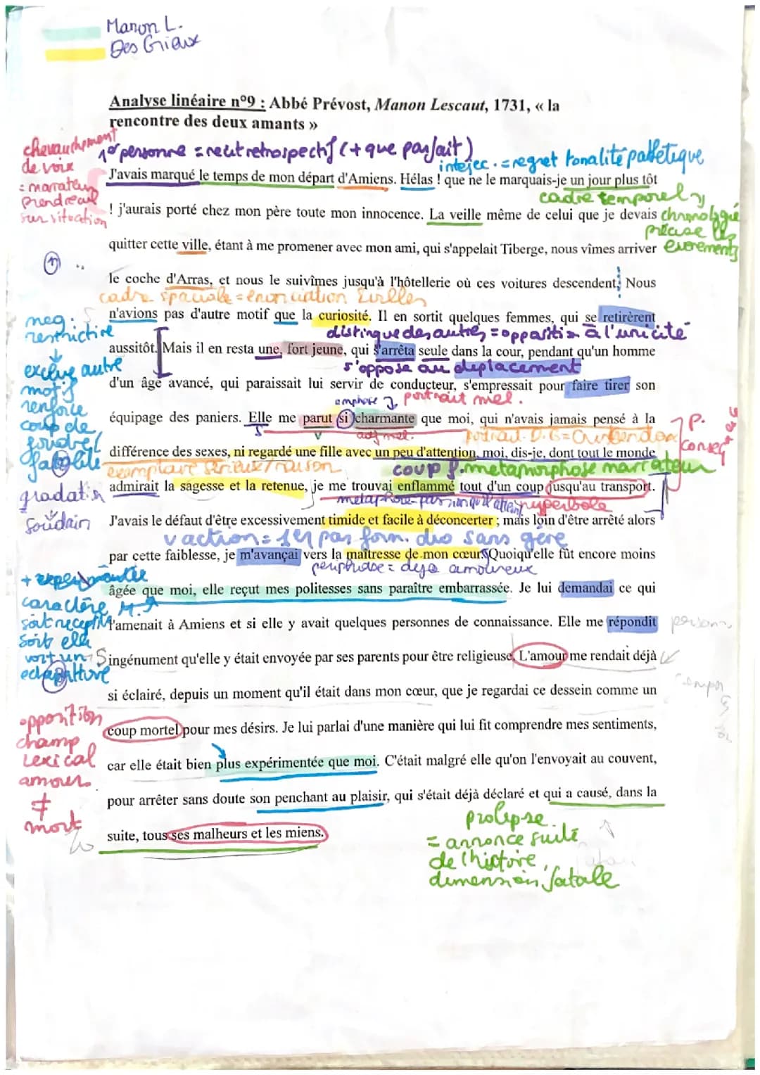 analyse linéaire Manon Lescaut « La rencontre des deux amants » 