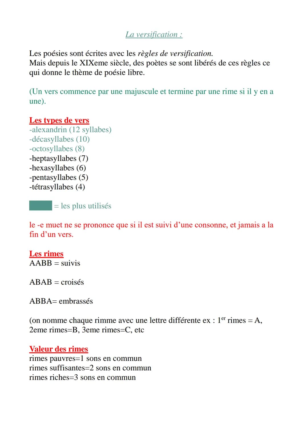 La versification:
Les poésies sont écrites avec les règles de versification.
Mais depuis le XIXeme siècle, des poètes se sont libérés de ces