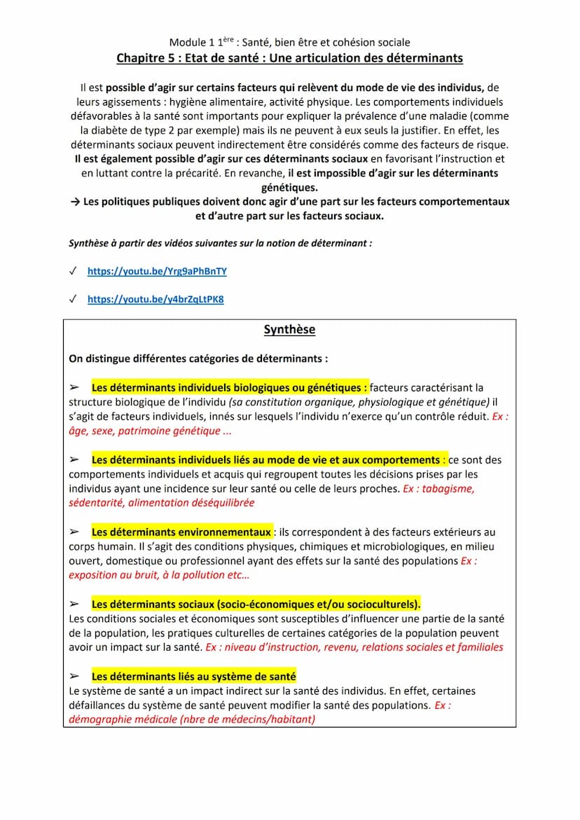 Module 1 1ère: Santé, bien être et cohésion sociale
Chapitre 5 : Etat de santé : Une articulation des déterminants
Contenu
Etat de santé : u