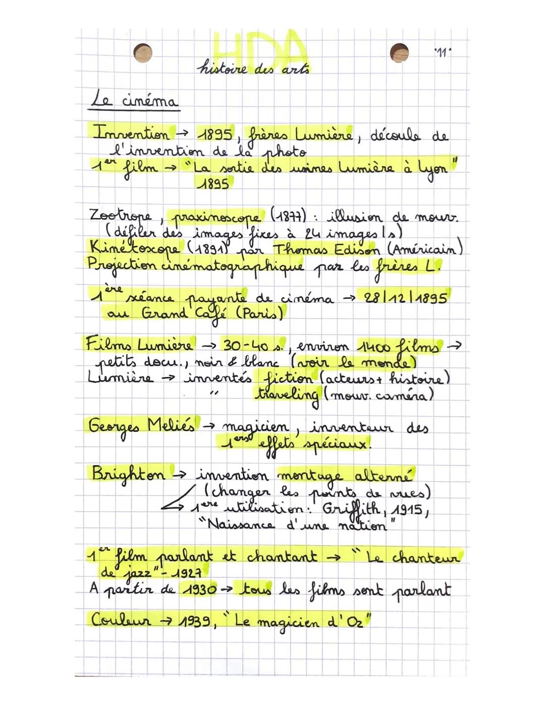 histoire des arts
Le cinéma
Invention → 1895, frères Lumière, découle de
l'invention de la photo.
per film
→ "La sortie des usines Lumière à
