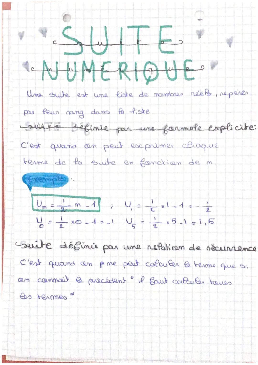 SUITE
"NUMERIQUE
Une suite est une liste de nombres réels, repères
pas peur
nang
dans la liste
suffe definie par une formule explicite:
C'es