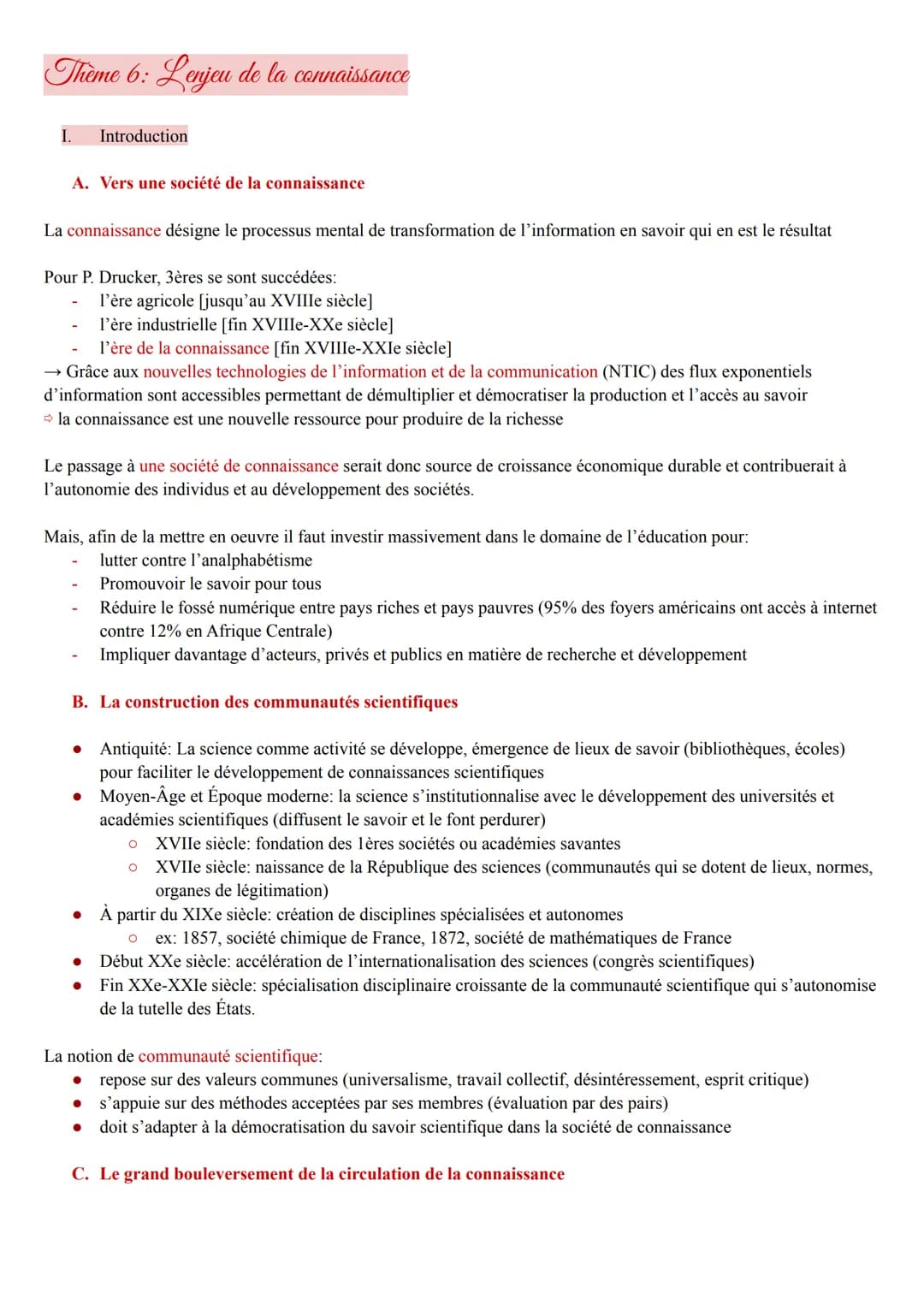 Theme 6: Lenjeu de la connaissance
I. Introduction
A. Vers une société de la connaissance
La connaissance désigne le processus mental de tra
