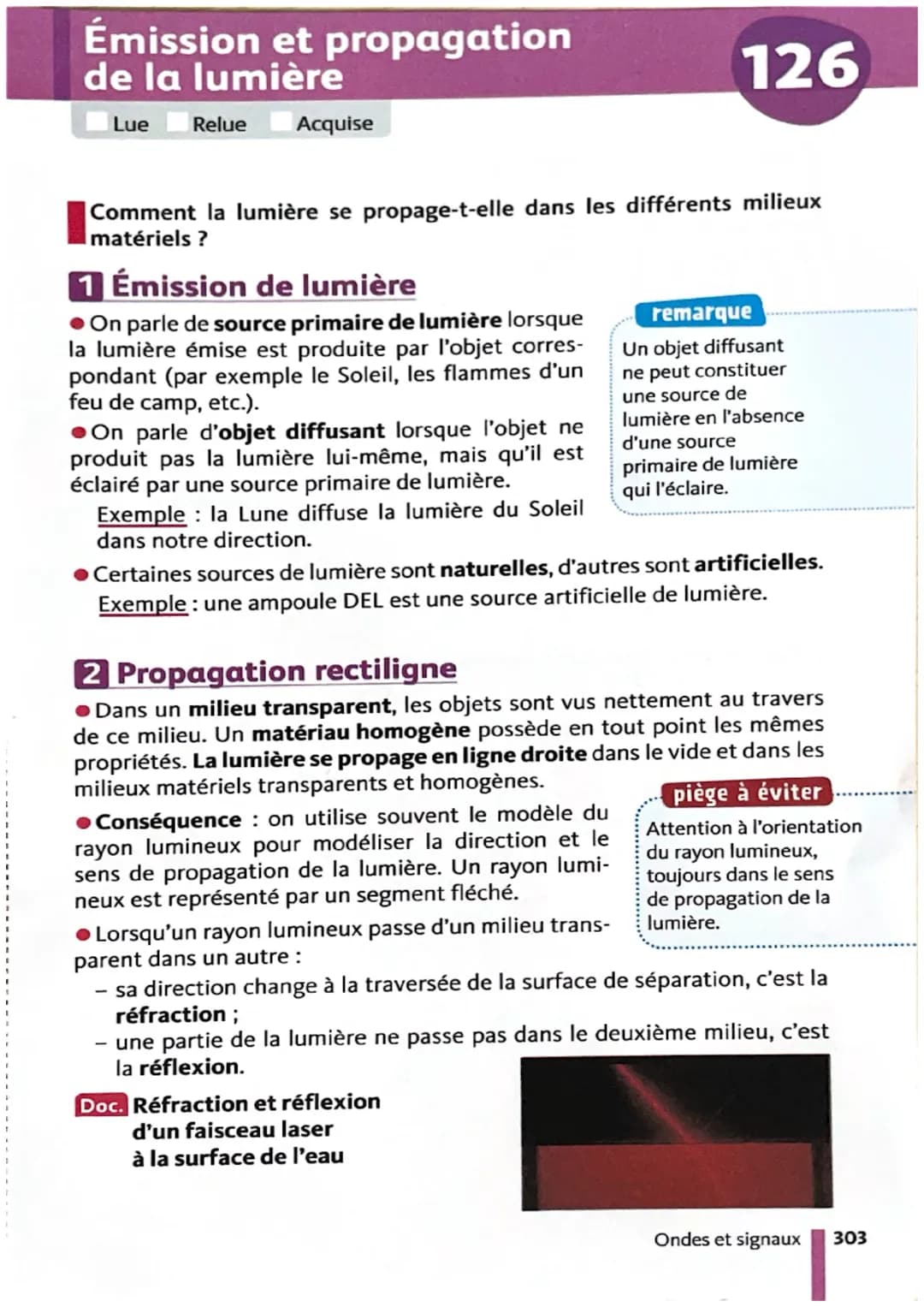 Émission et propagation
de la lumière
Lue Relue Acquise
126
Comment la lumière se propage-t-elle dans les différents milieux
matériels ?
1 É
