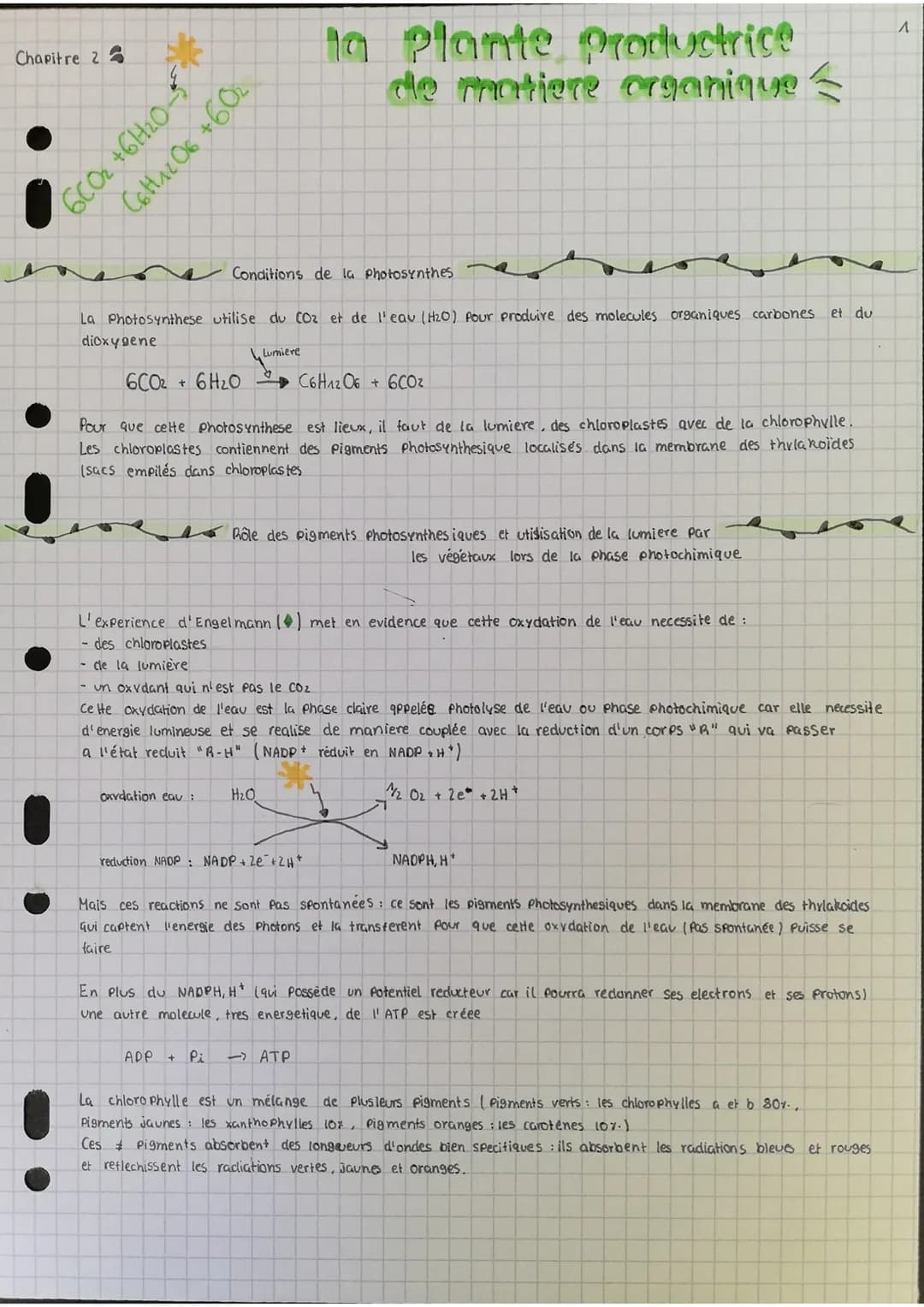 Chapitre 2
V
Elte
0²419+ 2039
C6H12O6 +60₂
oxydation eau :
Conditions de la photosynthes
La Photosynthese utilise du CO₂ et de l'eau (H₂0) P