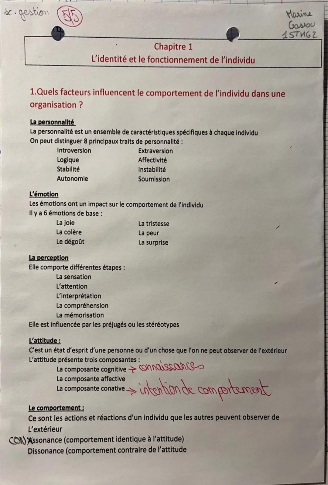 s.gestion (55)
Chapitre 1
L'identité et le fonctionnement de l'individu
1.Quels facteurs influencent le comportement de l'individu dans une
