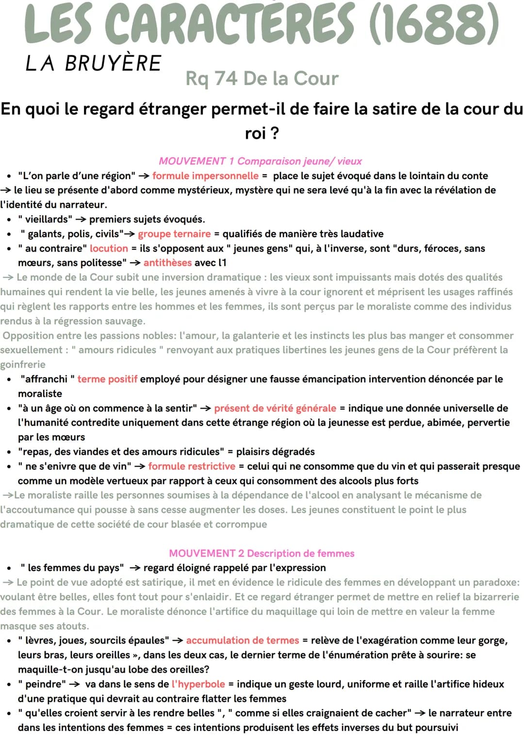 Rq 74 De la Cour
En quoi le regard étranger permet-il de faire la satire de la cour du
roi ?
MOUVEMENT 1 Comparaison jeune/vieux
• "L'on par