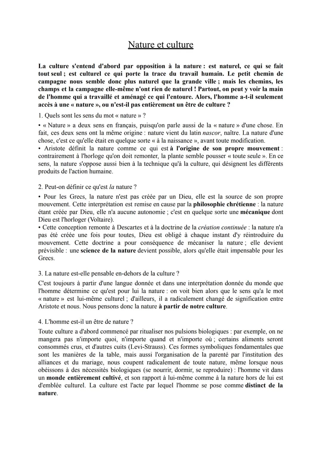 Nature et culture
La culture s'entend d'abord par opposition à la nature: est naturel, ce qui se fait
tout seul; est culturel ce qui porte l