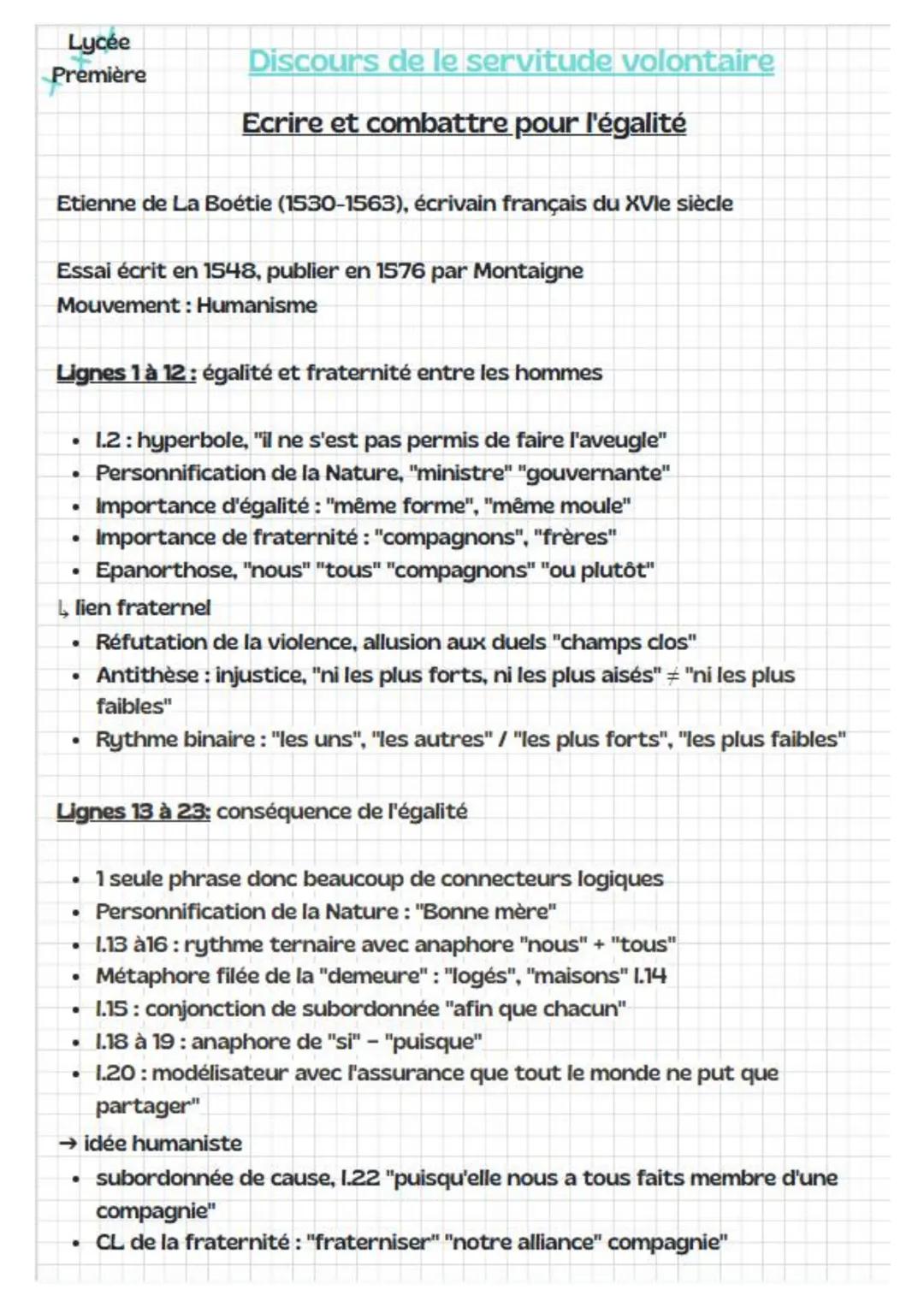 --- OCR Start ---
Lycée
Première
Discours de le servitude volontaire
Ecrire et combattre pour l'égalité
Etienne de La Boétie (1530-1563), éc