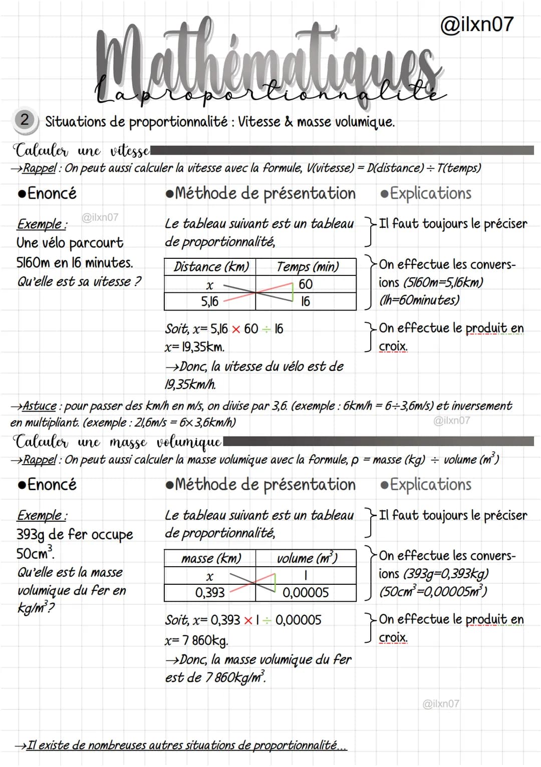 Mathématiques
2 Situations de proportionnalité : Vitesse & masse volumique.
Calculer une vitesse
→Rappel: On peut aussi calculer la vitesse 