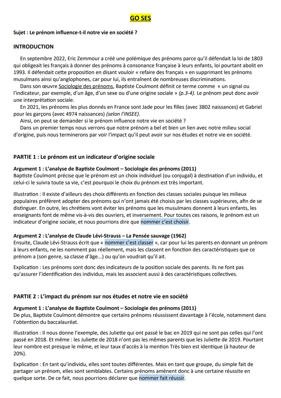 GO SES
Sujet : Le prénom influence-t-il notre vie en société ?
INTRODUCTION
En septembre 2022, Eric Zemmour a créé une polémique des prénoms