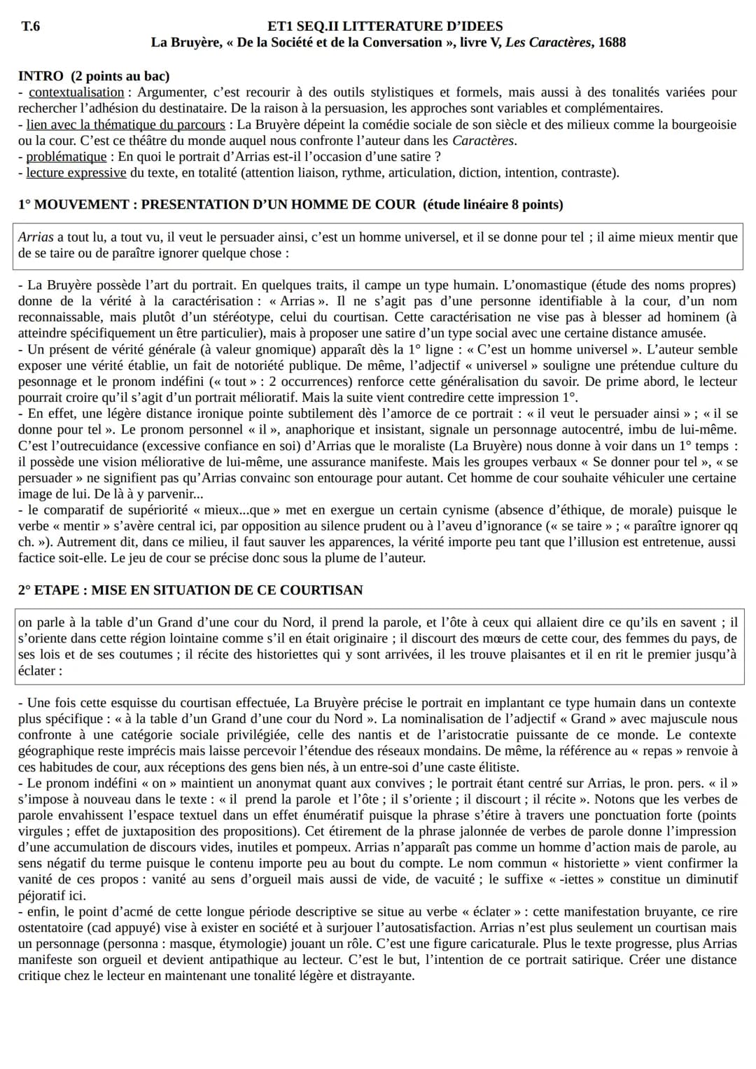 T.6
ET1 SEQ.II LITTERATURE D'IDEES
La Bruyère, << De la Société et de la Conversation », livre V, Les Caractères, 1688
INTRO (2 points au ba