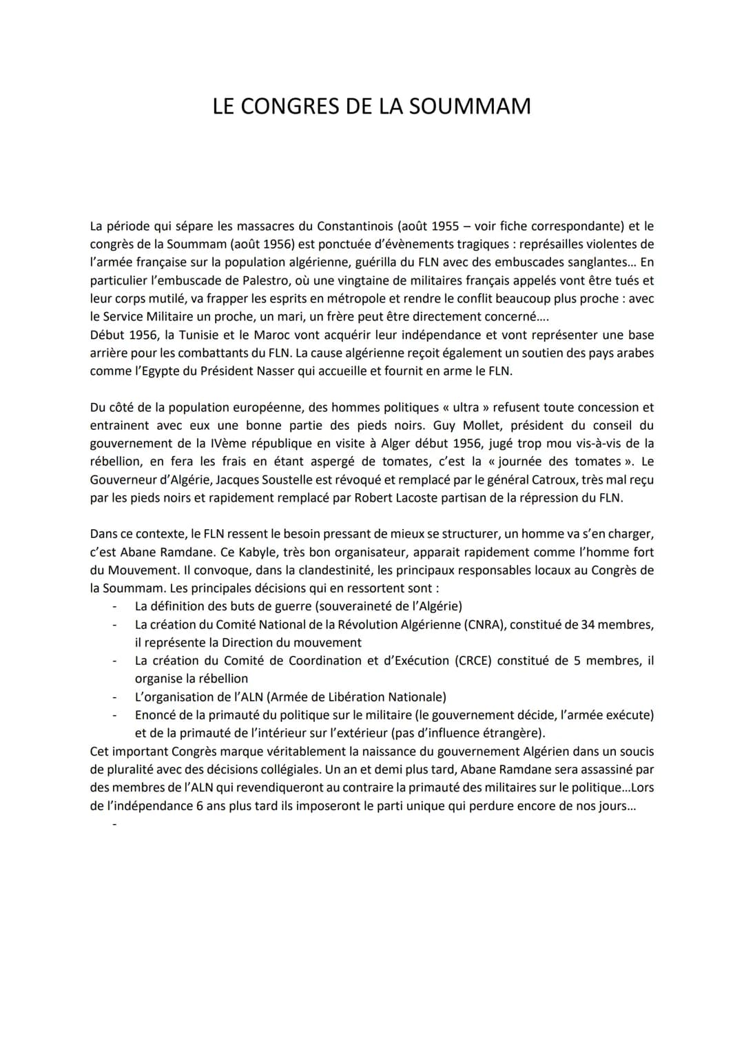 LE CONGRES DE LA SOUMMAM
La période qui sépare les massacres du Constantinois (août 1955-voir fiche correspondante) et le
congrès de la Soum