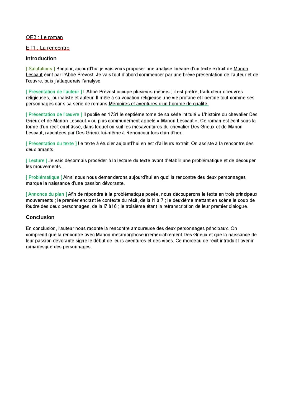 Analyse linéaire Rencontre Des Grieux et Manon Lescaut Abbé Prévost bac français