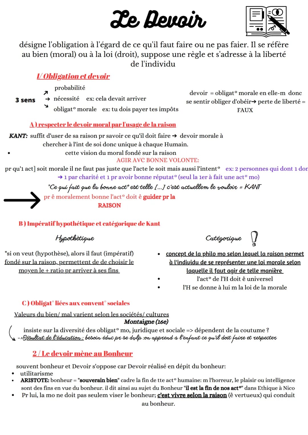 Le Devoir
désigne l'obligation à l'égard de ce qu'il faut faire ou ne pas faier. Il se réfère
au bien (moral) ou à la loi (droit), suppose u