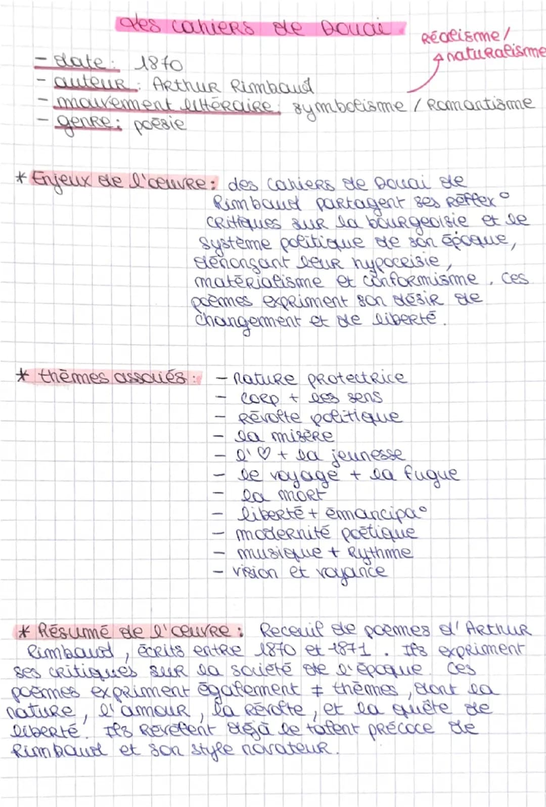 -
des cahiers de Douai
date: 1870
auteur: Arthur Rimbaud
Réalisme/
naturalisme
mairement littéraire, symbolisme / Romantisme
genRe: poësie
*