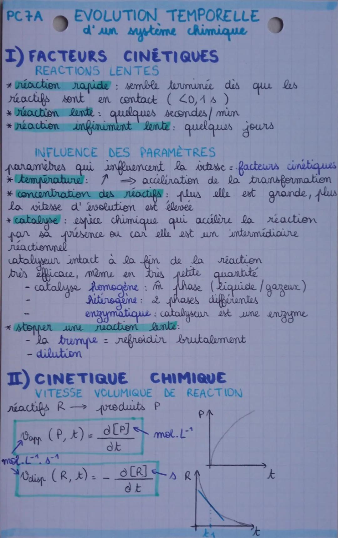 PC7A EVOLUTION TEMPORELLE
d'un système chimique
I) FACTEURS CINÉTIQUES
REACTIONS LENTES
* réaction rapide: semble terminée dès
reactifs sont