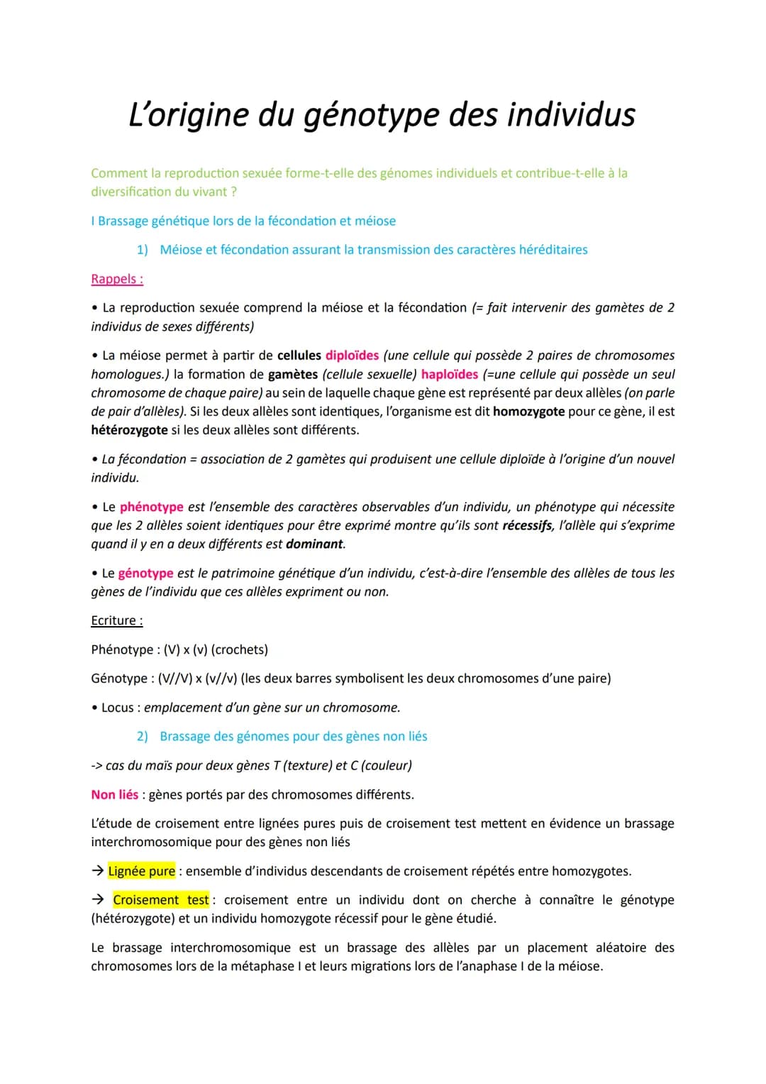 L'origine du génotype des individus
Comment la reproduction sexuée forme-t-elle des génomes individuels et contribue-t-elle à la
diversifica