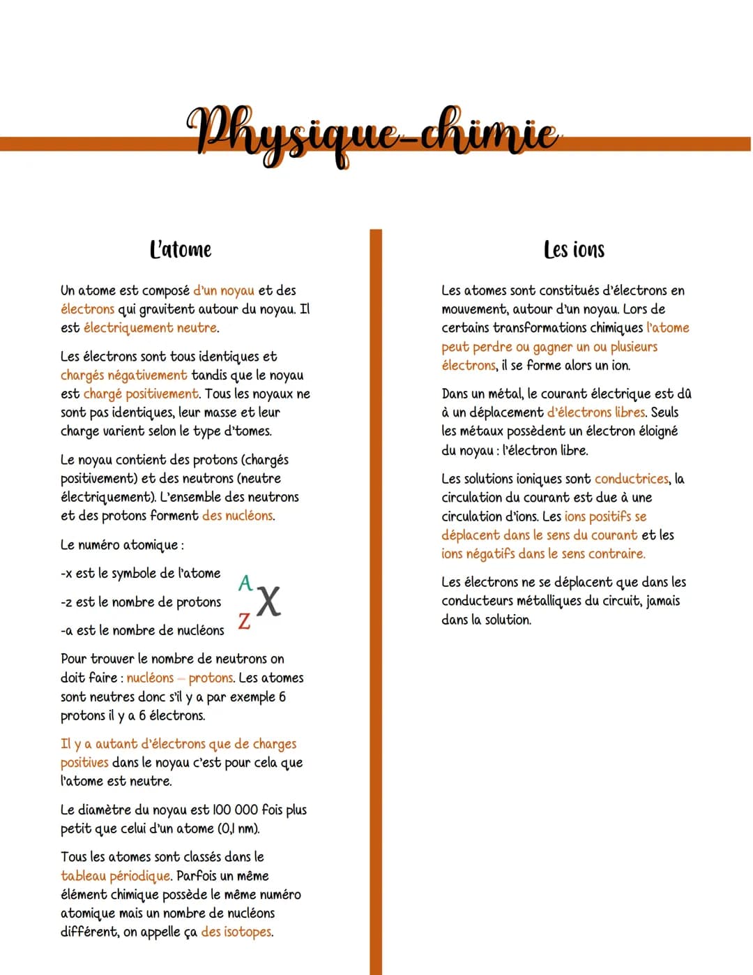 Physique-chimie
L'atome
Un atome est composé d'un noyau et des
électrons qui gravitent autour du noyau. Il
est électriquement neutre.
Les él
