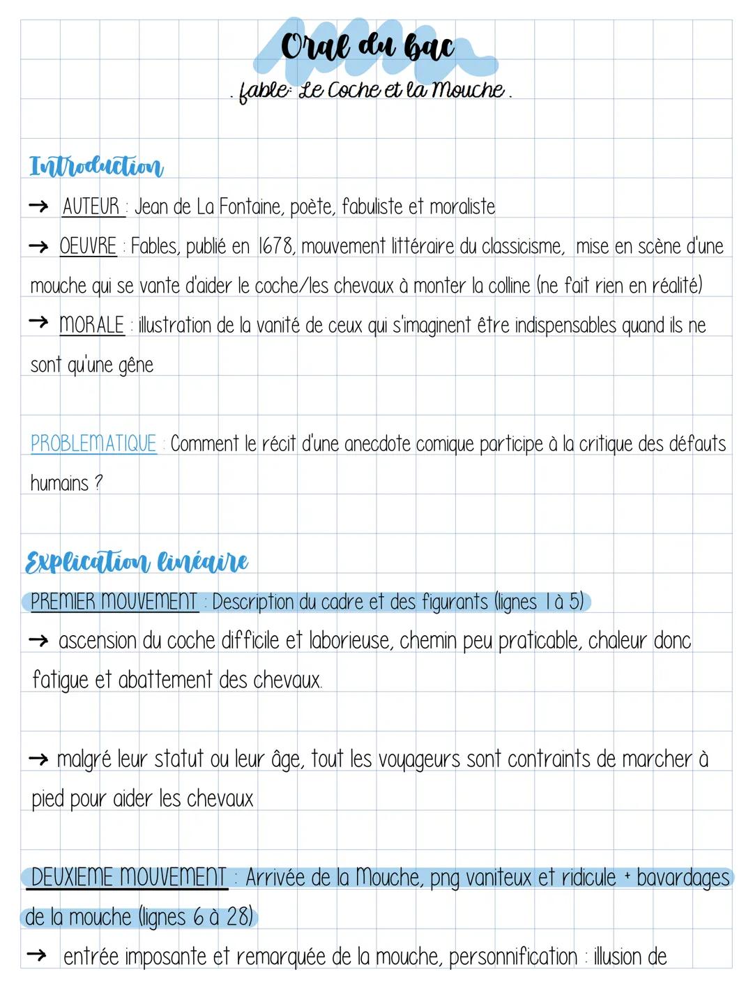 Oral du bac
· fable: Le Coche et la mouche.
Introduction
→ AUTEUR: Jean de La Fontaine, poète, fabuliste et moraliste
→ OEUVRE Fables, publi