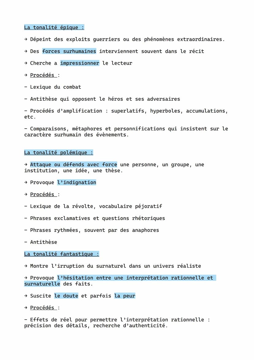 La tonalité comique :
Les tonalités
→ Cherche a provoquer l'amusement, en créant un écart surprenant, un
décalage ridicule ou absurde.
→ Fai