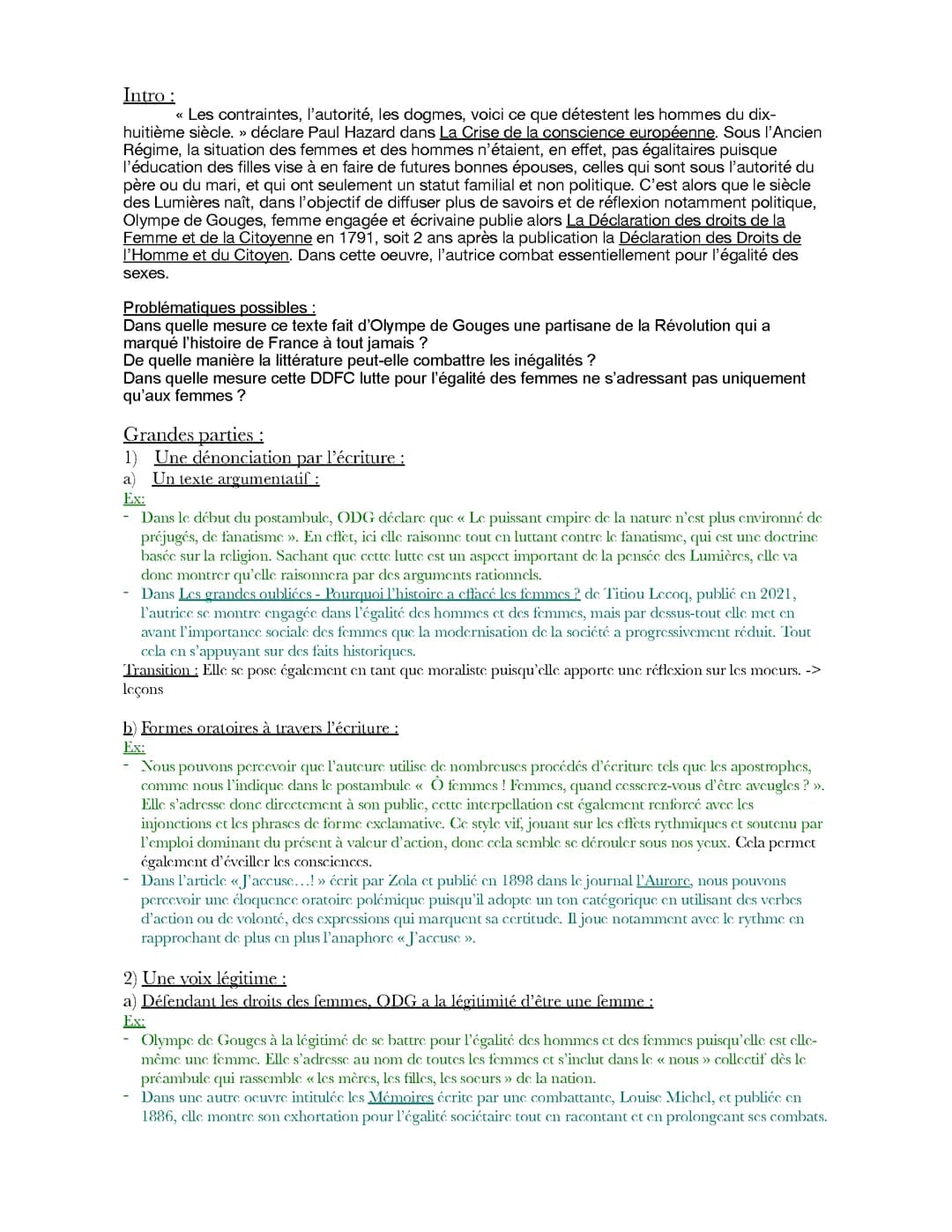 plans de dissertation possibles sur la DDFC d'Olympe de Gouges