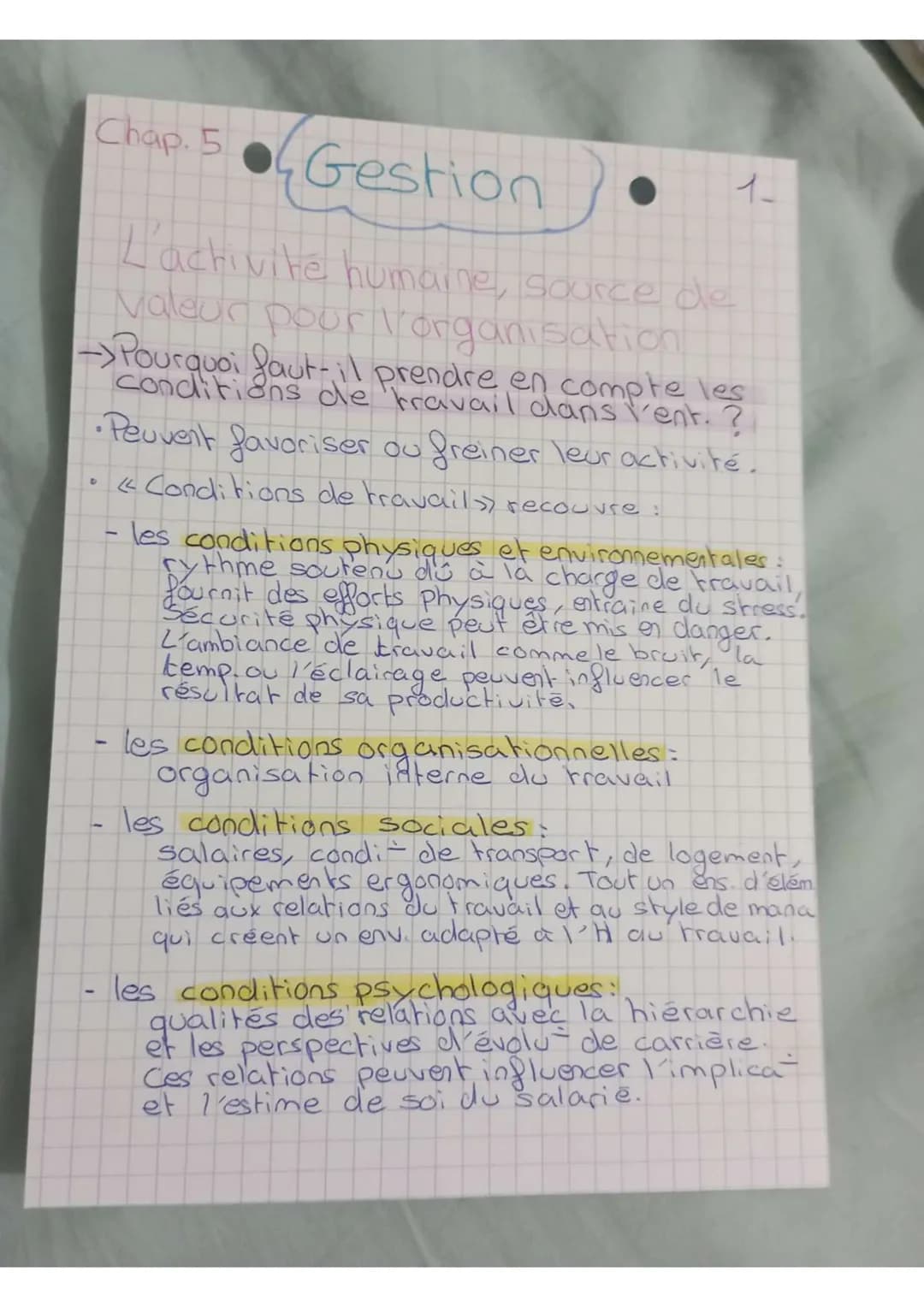Chap. 5
Gestion
L'activité humaine, source de
Valeur pour Vorganisation
->Pourquoi faut-il prendre en compte les
conditions de travail dans 