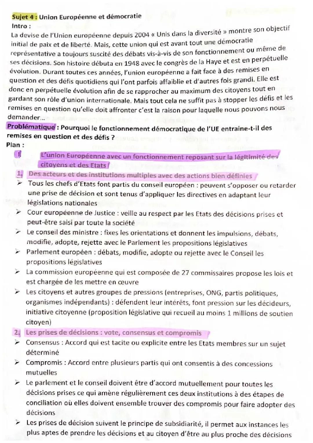 Fiche de Révision : La Démocratie dans l'Union Européenne - HGGSP 1ère