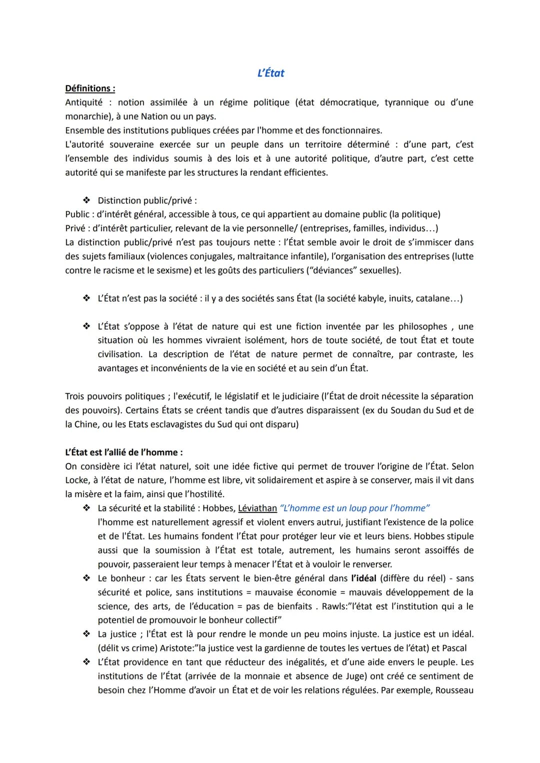 L'État
Définitions :
Antiquité notion assimilée à un régime politique (état démocratique, tyrannique ou d'une
monarchie), à une Nation ou un