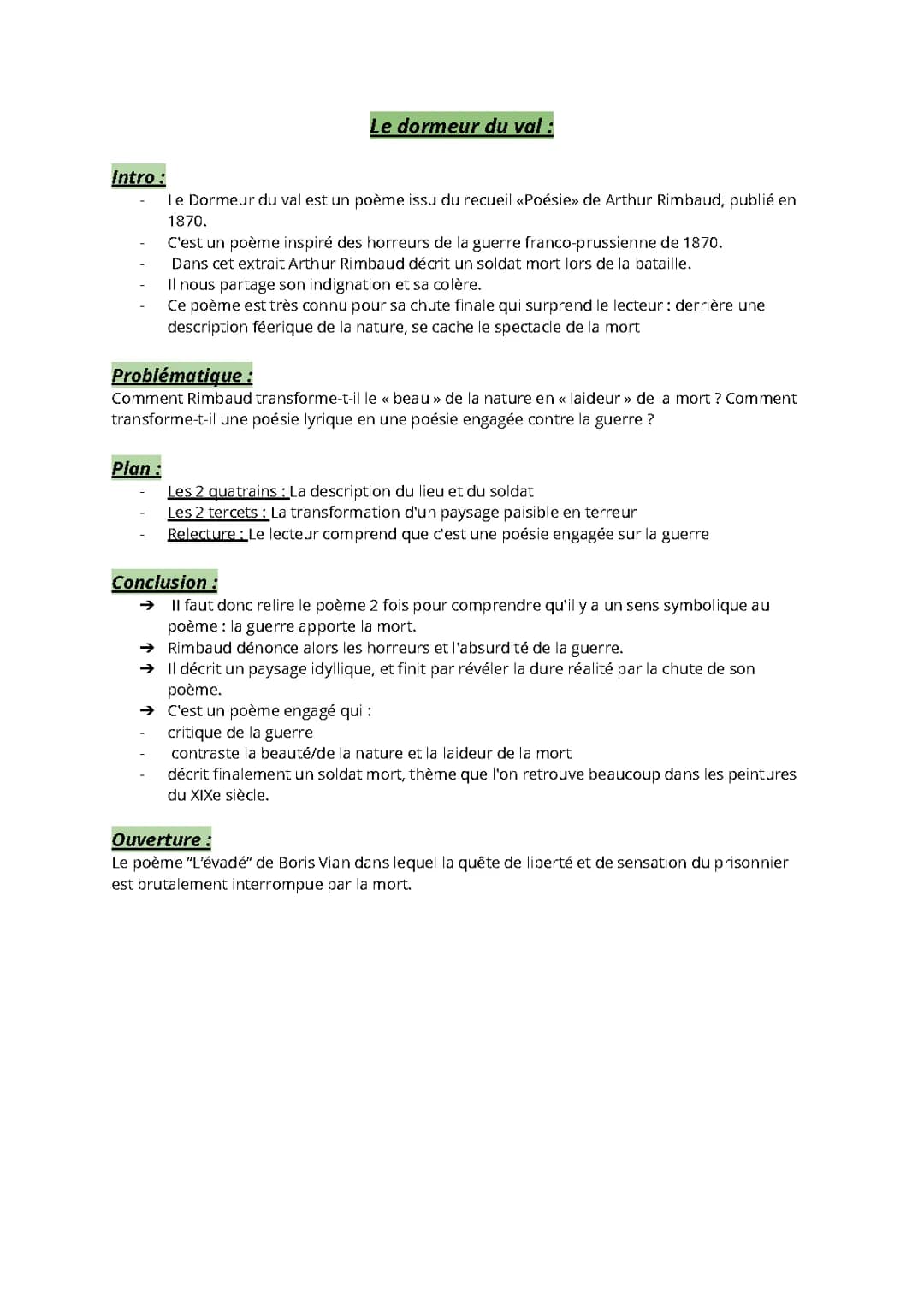Le Dormeur du Val Analyse PDF et Questions Réponses - Strophe par Strophe