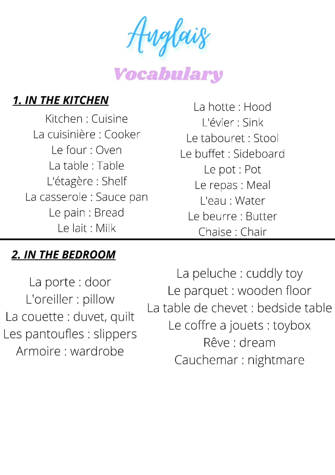 Vocabulaire de la vie quotidienne anglais