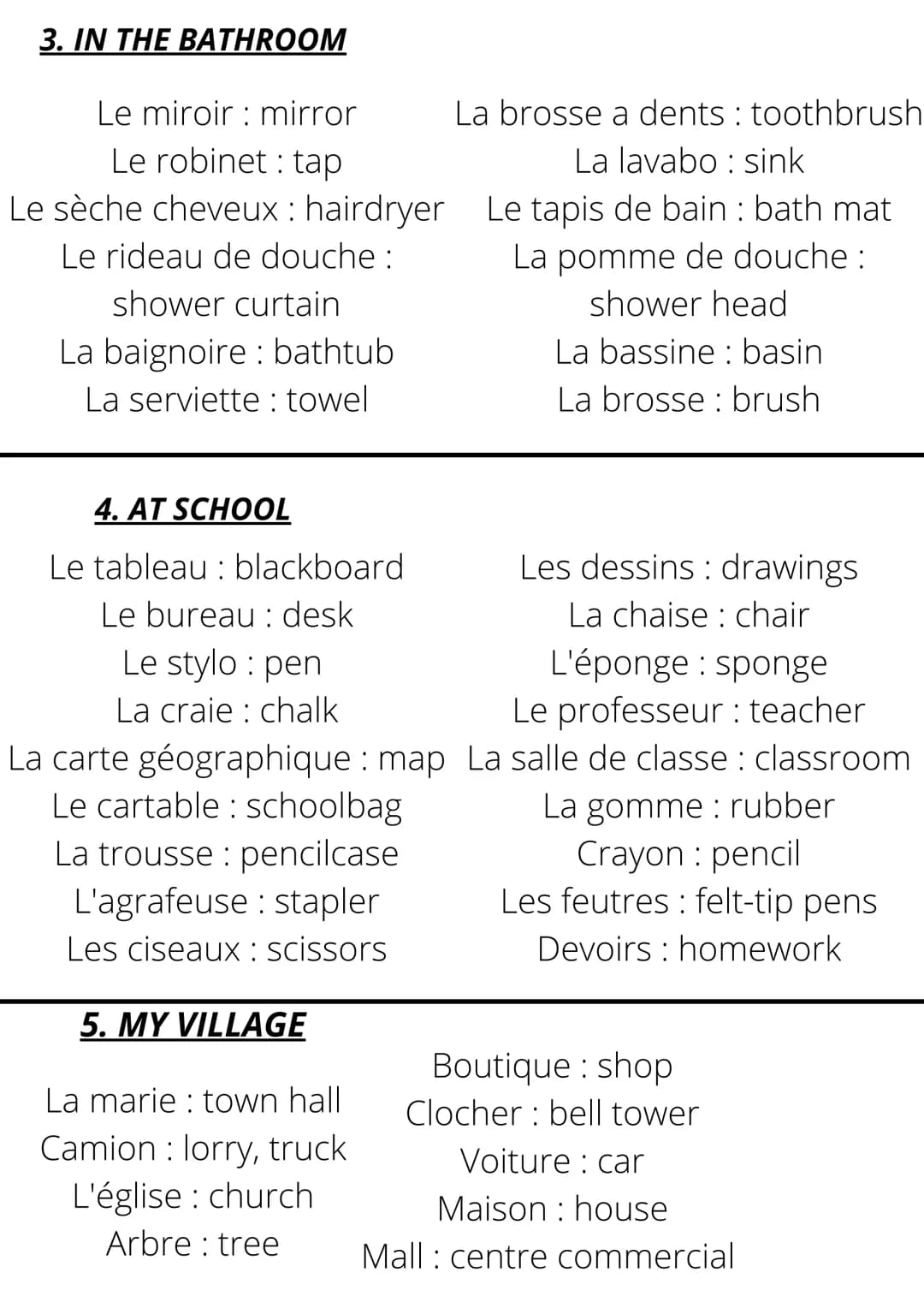 1. IN THE KITCHEN
Anglais
Vocabulary
Kitchen Cuisine
La cuisinière Cooker
Le four: Oven
La table Table
L'étagère : Shelf
La casserole: Sauce