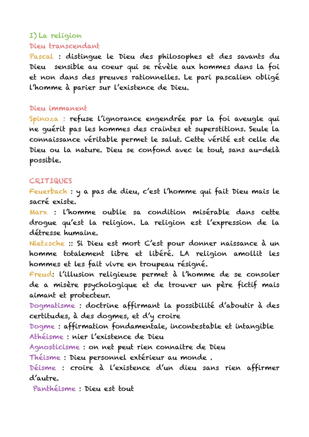 I) La religion
Dieu transcendant
Pascal : distingue le Dieu des philosophes et des savants du
Dieu sensible au coeur qui se révèle aux homme