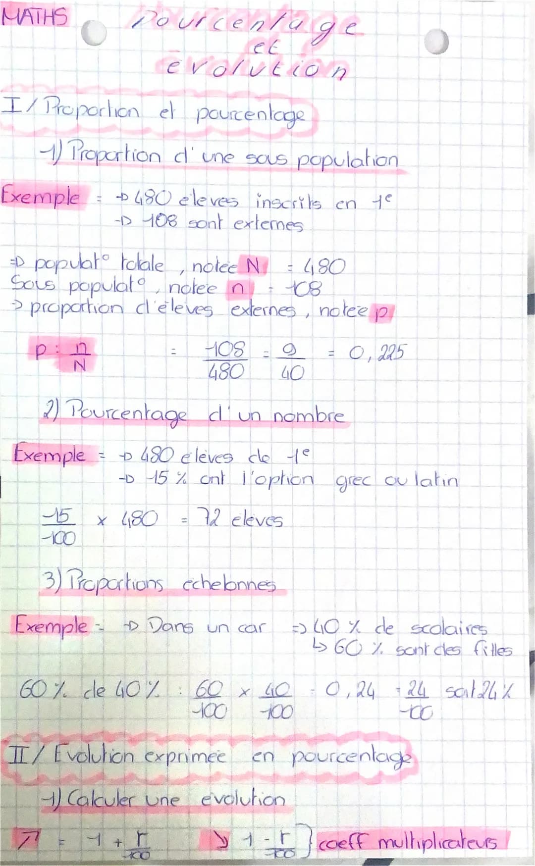 MATHS Pourcentage
et
evolution
I/ Proportion et pourcentage
1) Proportion d'une sous population
Exemple: +480 eleves inscrits en te
-→ 108 s
