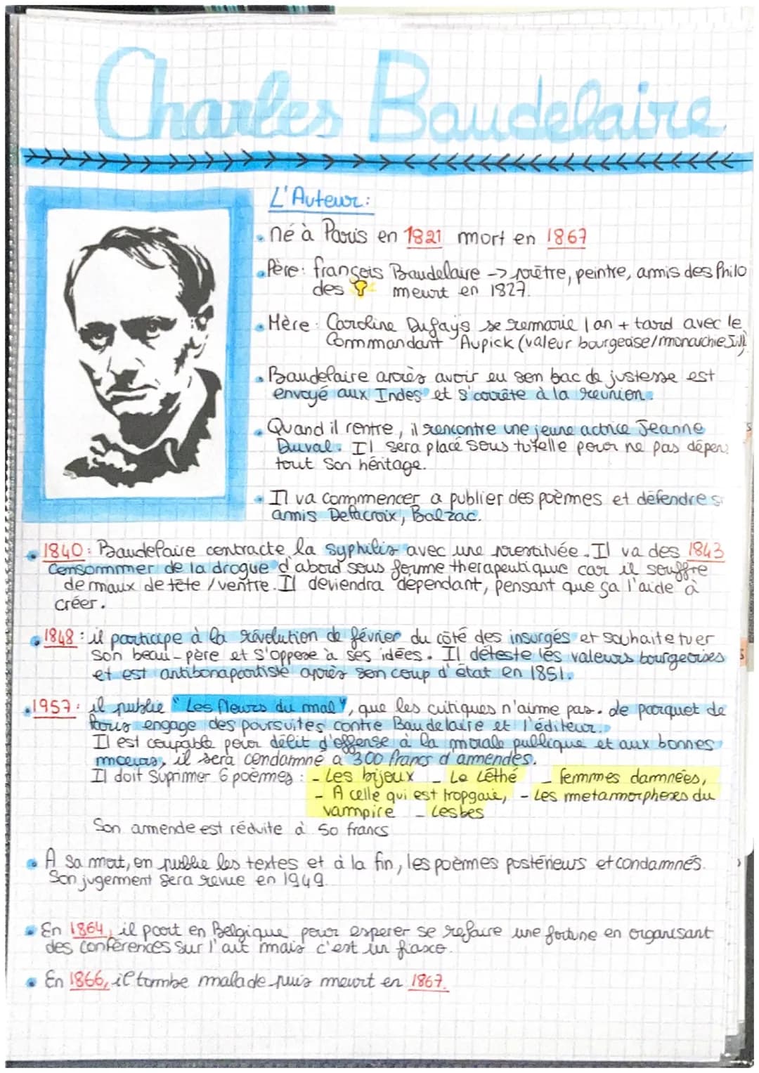 Charles Baudelaire
L'Auteur:
• né à Paris en 1821 mort en 1867
•Père: françois Baudelaire -> prêtre, peintre, amis des Philo
des meurt en 18