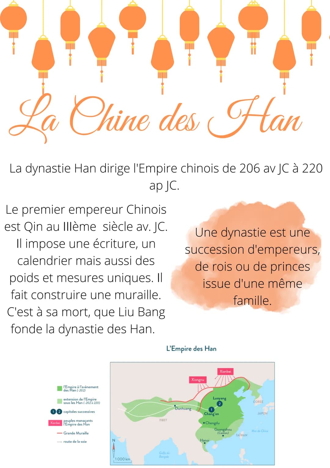 La Chine des Han
La dynastie Han dirige l'Empire chinois de 206 av JC à 220
ap JC.
Le premier empereur Chinois
est Qin au Illème siècle av. 