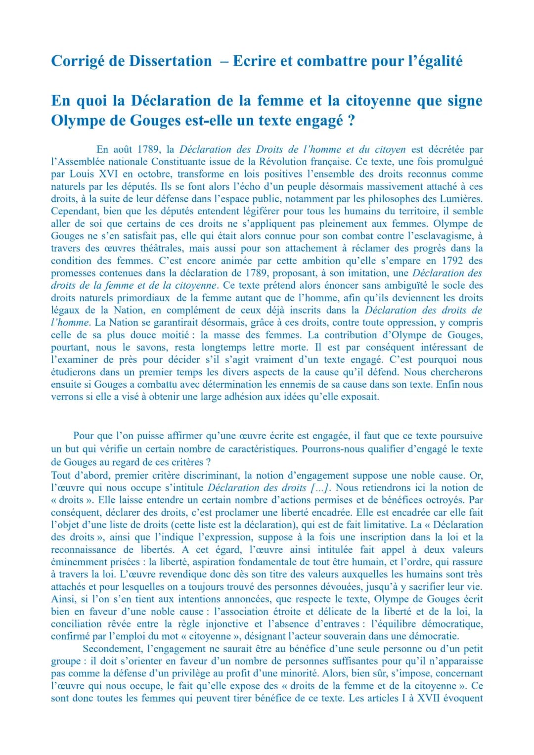 Sujet Dissertation Olympe de Gouges: Analyse et Résumé